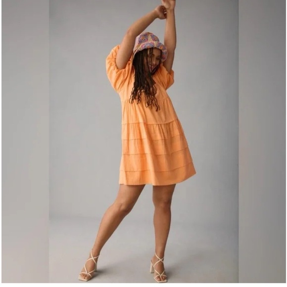Anthropologie Square Neck Puff Sleeve Orange Dress Size Medium - Picture 3 of 11